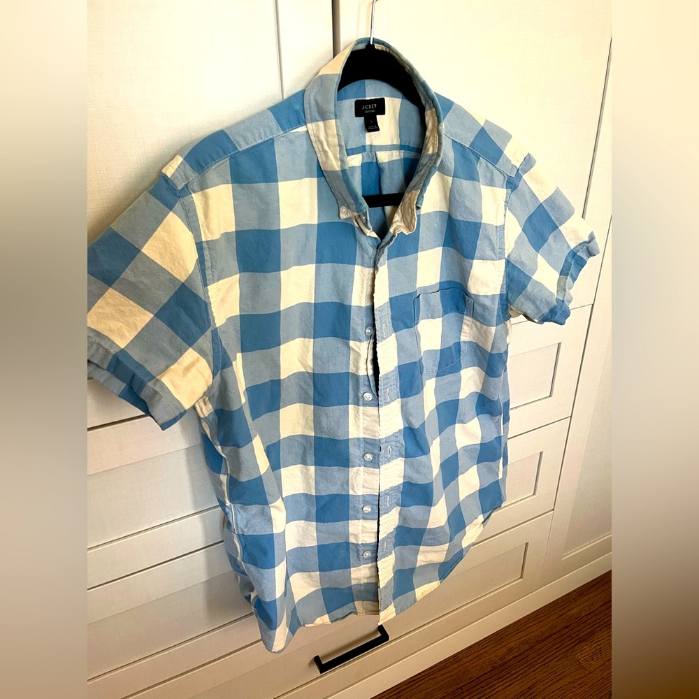 Men’s Drop! J Crew button down shirt, size large, blue and white checkers.